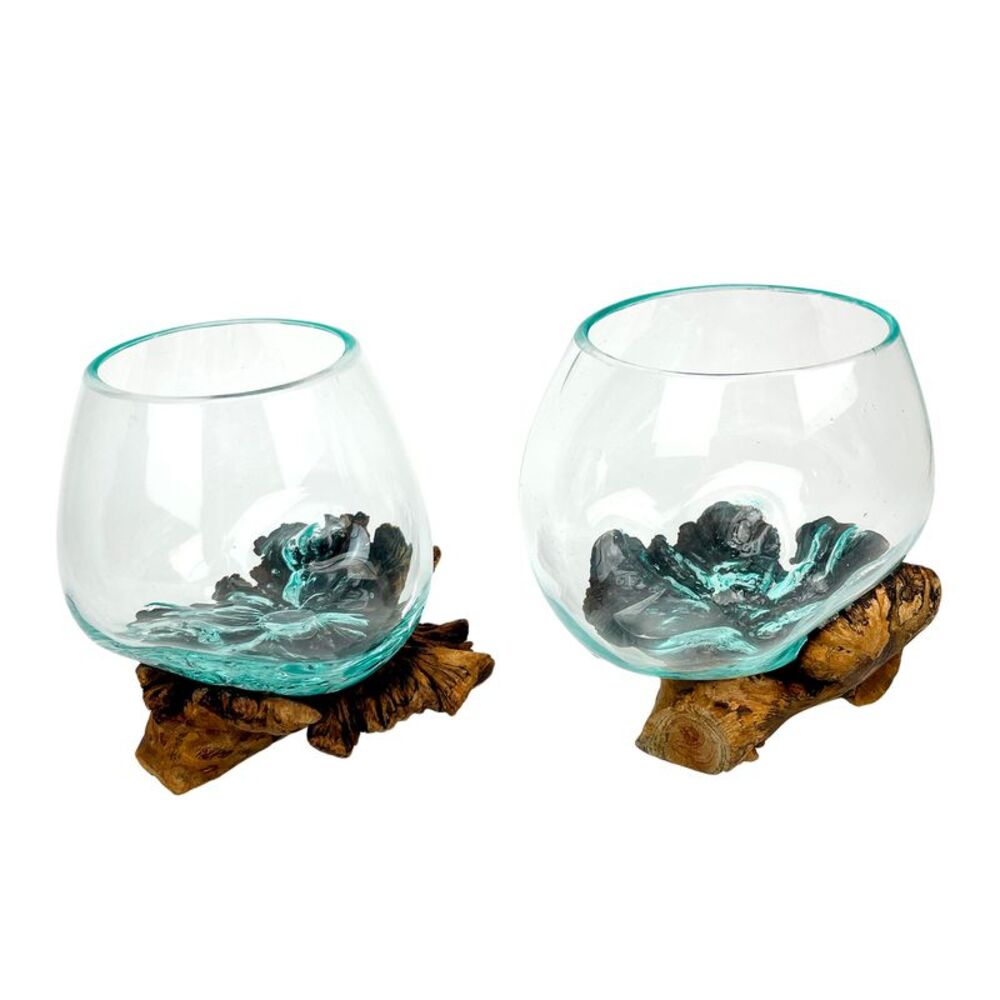 Set of 2 Blown Molten Glass On Burl Wood Decorative Bowls Vases Terrariums